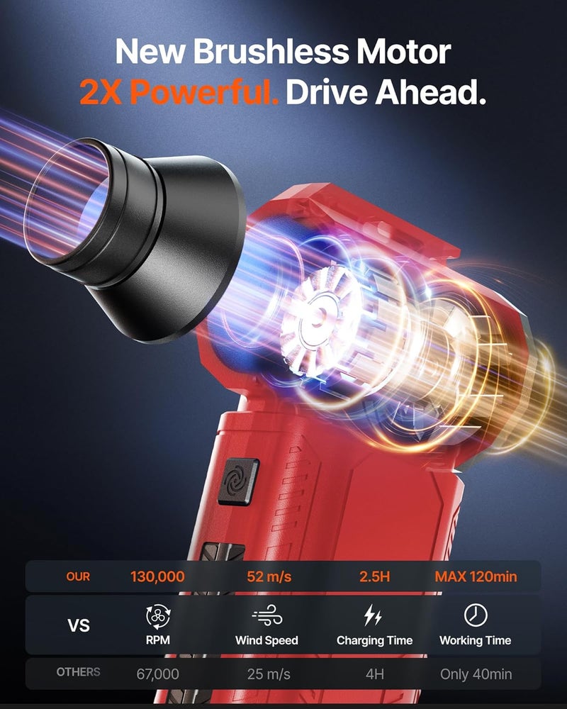 ZOAIVR Compressed Air Duster, 130,000RPM Ultra-Powerful Cordless Electric Air Duster with 8000mAh Rechargeable Battery, 4-Gear Adjustable Air Blower for Keyboard, Computer, Car, Home Cleaning - Red - Image 4